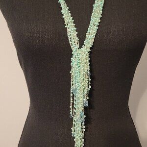 beautiful delicate vintage lace glass beaded long necklace w/glass beaded tassel